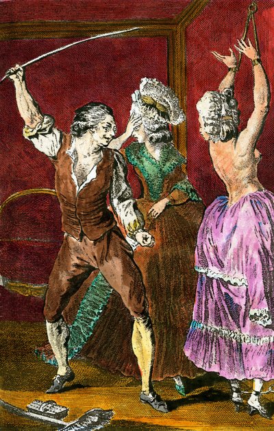 Erotismo: miembros de la nobleza entregándose a placeres sadomasoquistas, un hombre azota a una mujer atada. Grabado de Leroy después de un dibujo de Louis Binet (1744-1800) para “El Campesino Pervertido” de Restif de la Bretonne (1734-1806) 1775 de Louis (after) Binet