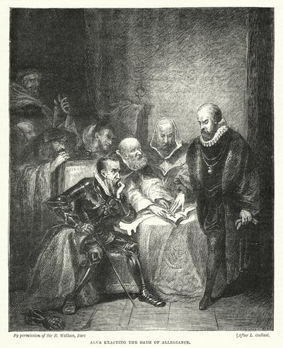 Alva exigiendo el juramento de lealtad (grabado) de Louis (after) Gallait