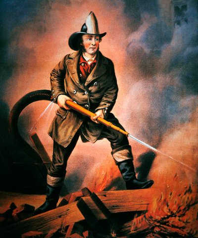 El bombero americano: Enfrentando al enemigo, publicado por Currier & Ives de Louis (after) Maurer