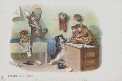 Gatos en un aula: el maestro está dormitando y los estudiantes se están portando mal (cromolitografía) de Louis (after) Wain