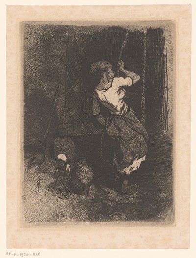 Una mujer saca agua de un pozo, junto a ella un niño sentado de Louis Adolphe Hervier (attributed to)