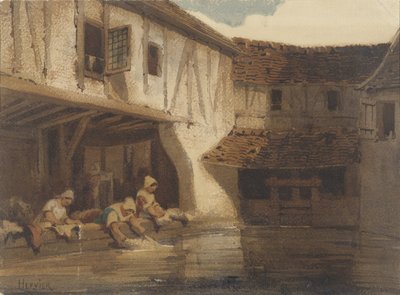 Lavado de mujeres en un pasillo abierto de un complejo de viviendas en la costa de Louis Adolphe Hervier (signed by artist)
