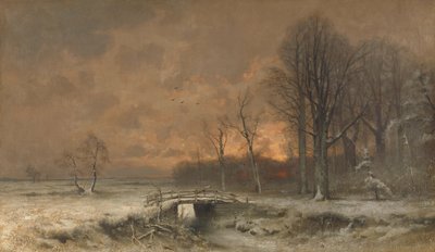Escena invernal con el sol poniéndose detrás de los árboles de Louis Apol
