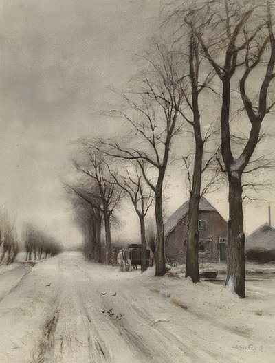 Paisaje invernal con granja en una avenida de Louis Apol