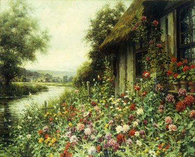 Flores en flor fuera de una casa de campo (óleo sobre lienzo) de Louis Aston Knight