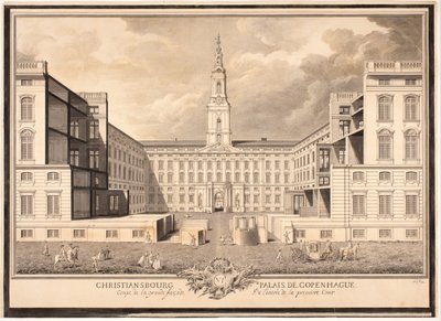 Christiansbourg Palais de Copenhague. Corte de la gran fachada de la entrada del primer patio de Louis Auguste Le Clerc