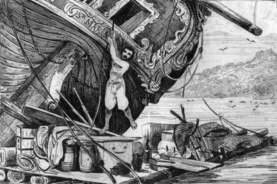 Descendí en mi balsa y luego me puse a navegar... grabado después del dibujo de M. de Sainson para el libro de Daniel Defoe 