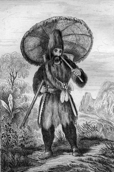 Llevaba un sombrero de una altura... grabado después del dibujo de M. de Sainson para el Libro de Daniel Defoe “Robinson Crusoe” edición francesa de 1837. de Louis Auguste de Sainson