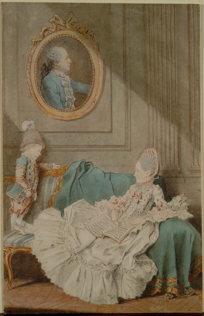 Madame Millin du Perreux y su hijo, con un retrato pintado de Louis Carrogis dit Carmontelle