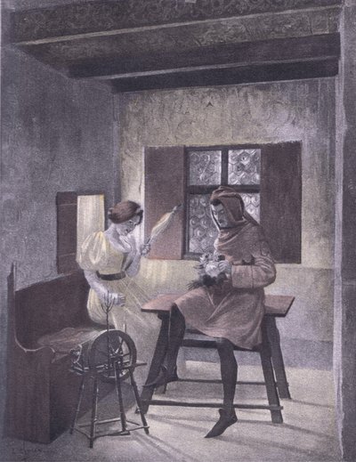 Simona hilando, ilustración del Decamerón de Boccaccio publicada por Navarre Society en los años 1930 de Louis Chalon
