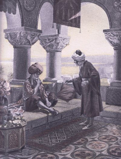 Los tres anillos, ilustración del Decamerón de Boccaccio publicada por Navarre Society en los años 1930 de Louis Chalon