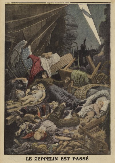 Familia muerta en un bombardeo por un zepelín alemán, Primera Guerra Mundial, 1916 de Louis Charles (after) Bombled
