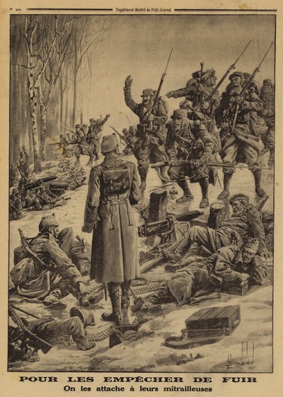 Soldados franceses capturando una posición alemana con soldados enemigos asegurados a sus ametralladoras por sus oficiales para evitar que se retiren, Primera Guerra Mundial de Louis Charles (after) Bombled
