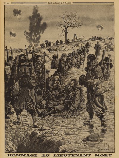 Soldados franceses rindiendo homenaje a un teniente muerto en acción, Primera Guerra Mundial de Louis Charles (after) Bombled