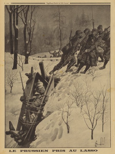 Soldado alemán en una garita capturado por Chasseurs Alpins franceses usando un lazo, Primera Guerra Mundial de Louis Charles (after) Bombled