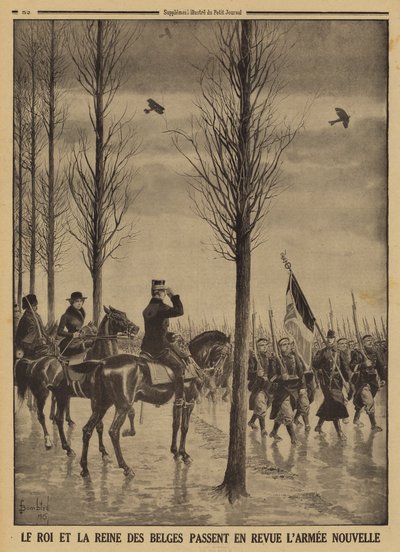El Rey Alberto I y la Reina Isabel de los Belgas revisando su nuevo ejército, Primera Guerra Mundial de Louis Charles (after) Bombled