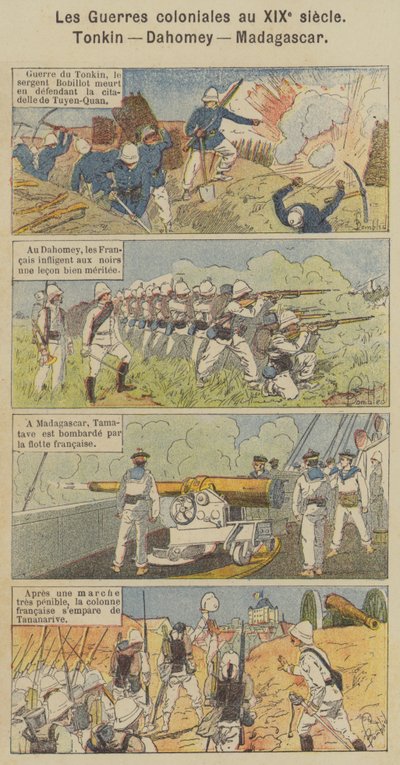 Las guerras coloniales en el siglo XIX, Tonkín, Dahomey, Madagascar (litografía en color) de Louis Charles (after) Bombled