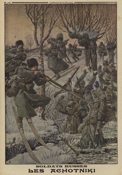 Soldados rusos en esquís capturando a un grupo de alemanes, Primera Guerra Mundial de Louis Charles (after) Bombled