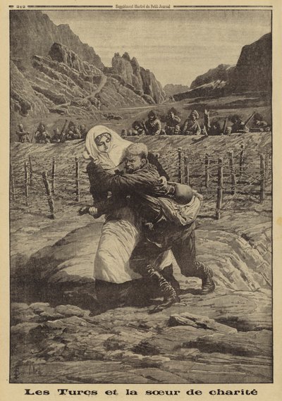 Soldados turcos reteniendo su fuego mientras una enfermera de la Cruz Roja rescata a un soldado ruso herido de la tierra de nadie, el Cáucaso, Primera Guerra Mundial de Louis Charles (after) Bombled