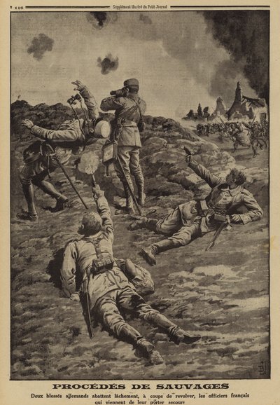 Dos soldados alemanes heridos disparando a oficiales franceses que les habían ayudado a refugiarse, Primera Guerra Mundial de Louis Charles (after) Bombled