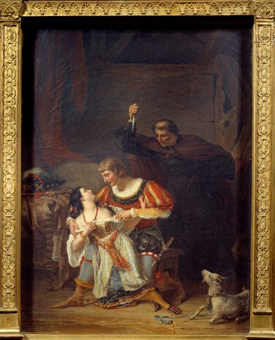 Archidiácono Frollo y Esmeralda, Febo y Esmeralda se abrazan, detrás de Febo, Claude Frollo aparece con un puñal para matar a su rival en el corazón de la gitana. Ilustración de “Notre Dame de París” de Victor Hugo (1802-1885). (Pintura de Auguste Couder,  de Louis Charles Auguste Couder