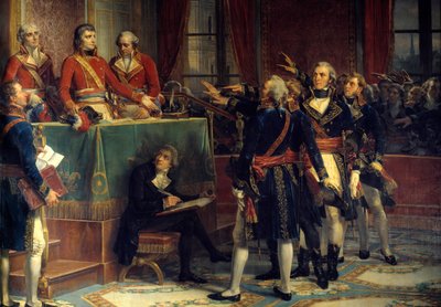 Los tres cónsules: Bonaparte, Cambacérès y Lebrun recibiendo los juramentos de los presidentes. A la derecha, Emmanuel-Joseph Sieyès (1748-1836) y Pierre-Roger Ducos (1747-1816). de Louis Charles Auguste Couder