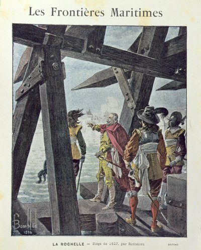 Armand-Jean du Plessis, Cardenal de Richelieu (1585-1642) en el sitio de La Rochelle en 1627, portada de cuaderno escolar c. 1894 de Louis Charles Bombled