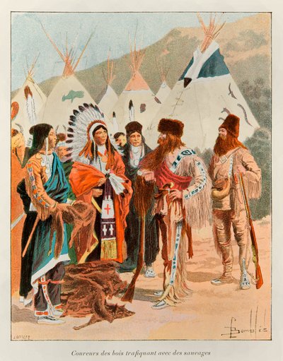 Bombled Louis (1862-1927); Corredor de los bosques traficantes con salvajes en el siglo XVIII (trampero en Canadá); Historia de Nueva Francia por Eugene Guenin - 1900 - Colección Parcial de Louis Charles Bombled
