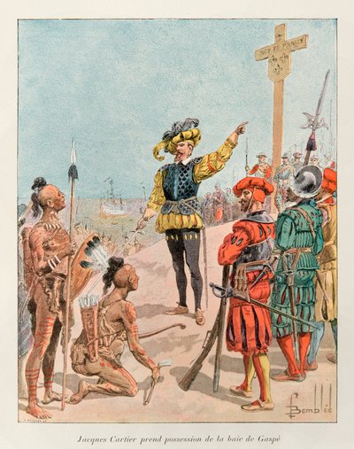 Bombled Louis; Jacques Cartier tomó posesión de la Bahía de Gaspé en Canadá en nombre del Rey de Francia, Francisco I en 1534 (Cartier señala el escudo de armas de Francia en la cruz que había plantado); Historia de la Nueva Francia de Louis Charles Bombled