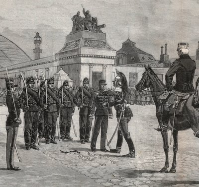 Degradación de Alfred Dreyfus - Caso Dreyfus: La degradación de Alfred Dreyfus en el patio de la Escuela Militar de París, 5 de enero de 1895. Grabado en “Le monde illustré” de 1895 - Dibujo de Bombled. de Louis Charles Bombled