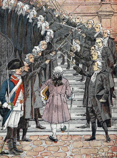 Revolución Francesa: Rey de Francia Luis XVI convocado a venir al ayuntamiento de París cruza la "bóveda de acero" de los guardias de Louis Charles Bombled