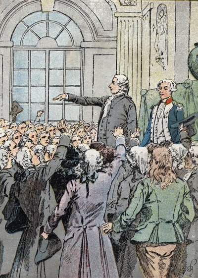 Revolución Francesa: "El diputado Jean Sylvain Bailly (1736-1793) fue elegido alcalde de París el 15/07/1789 en presencia de La Fayette" (Líder político Jean-Sylvain Bailly elegido como alcalde de París el 15 de julio de 1789) Ilustración de Louis Charles  de Louis Charles Bombled