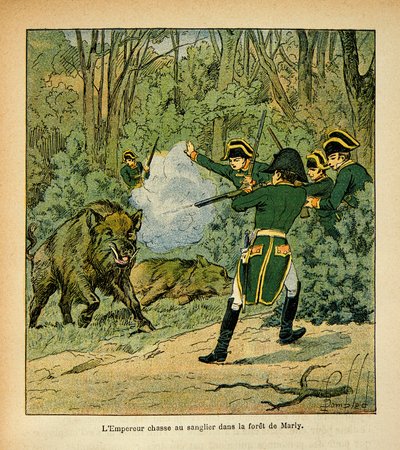 Ilustración de Louis Bombled (1862-1927) del libro "El Memorial de Santa Helena" del Conde Emmanuel de Las Cases (1766-1842): El Emperador Napoleón caza el jabalí en el bosque de Marly, colección privada de Louis Charles Bombled