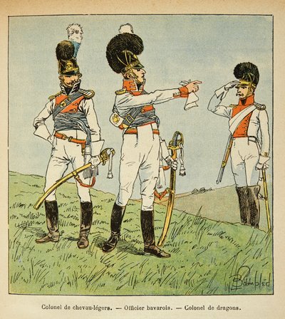 Ilustración de Bombled Louis (1862-1927) del libro “El Memorial de Santa Helena” de Conde Emmanuel de Las Cases (1766-1842): Militar bávaro: Coronel de caballos ligeros; Oficial bávaro; Coronel de dragones, Colección privada de Louis Charles Bombled