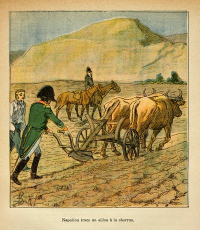 En Santa Helena, el emperador Napoleón traza un surco con el arado, del libro 