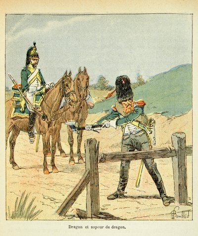 Ilustración de Louis Bombled del libro “El Memorial de Santa Helena” de Emmanuel de Las Cases: Ejército francés: Dragón y zapador dragón de Louis Charles Bombled