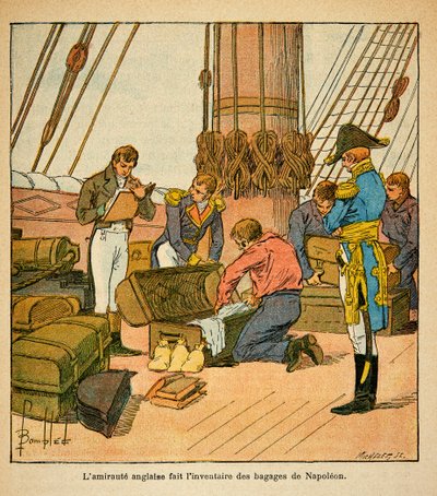 Ilustración de Louis Bombled (1862-1927) del libro “El Memorial de Santa Helena” de Emmanuel de Las Cases (1766-1842): El Almirantazgo inglés hace un inventario del equipaje del Emperador Napoleón antes de su partida hacia Santa Helena en 1815, Colección P de Louis Charles Bombled