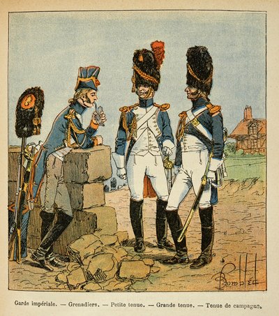 Ilustración de Louis Bombled (1862-1927) del libro “El Memorial de Santa Helena” de Emmanuel de Las Cases (1766-1842): Granaderos de la Guardia Imperial: Pequeño uniforme; gran uniforme y uniforme de campaña, Colección Privada de Louis Charles Bombled