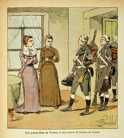 Las jóvenes hijas de Verdun y los soldados del ejército de Condé (Armee des Emigrres), de la colección privada de Louis Charles Bombled