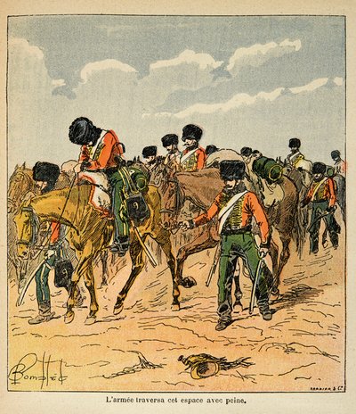 Ilustración de Bombled Louis (1862-1927) del libro “El Memorial de Santa Helena” de Conde Emmanuel de Las Cases (1766-1842): El ejército imperial cruza con dificultad las llanuras rusas antes de Moscú, Colección privada de Louis Charles Bombled