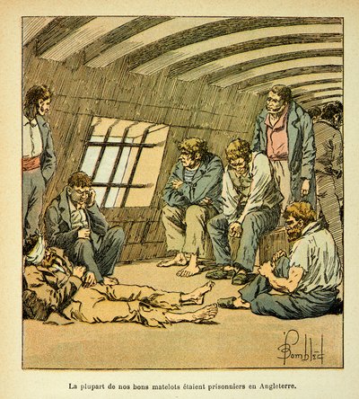 Ilustración de Louis Bombled (1862-1927) del libro "El Memorial de Santa Helena" del Conde Emmanuel de Las Cases (1766-1842): Prisioneros franceses en los pontones ingleses, colección privada de Louis Charles Bombled