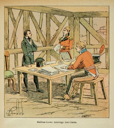 Ilustración de Bombled Louis (1862-1927) de Conde Emmanuel de Las Cases (1766-1842): El gobernador Hudson Lowe (1769-1844) interroga a Las Cases, Colección privada de Louis Charles Bombled