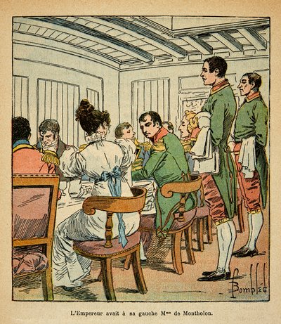 Ilustración de Louis Bombled (1862-1927) del libro "El Memorial de Santa Helena" por el Conde Emmanuel de Las Cases (1766-1842): Cena del emperador Napoleón a bordo del Northumberland en ruta a Santa Helena, con la señora De Montholon a su izquierda, Colec de Louis Charles Bombled
