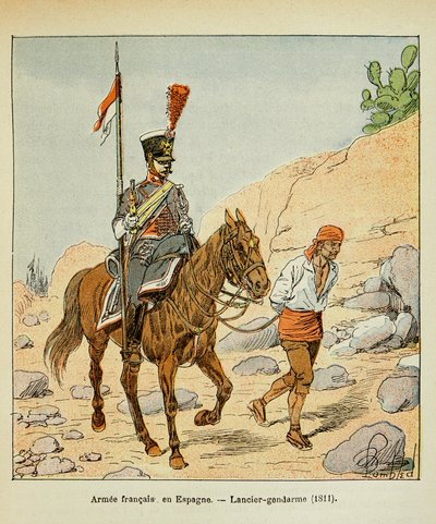 Ilustración de Louis Bombled (1862-1927) del libro "El Memorial de Santa Helena" por el Conde Emmanuel de Las Cases (1766-1842): Ejército francés en España: Gendarme lancero 1811, Colección privada de Louis Charles Bombled