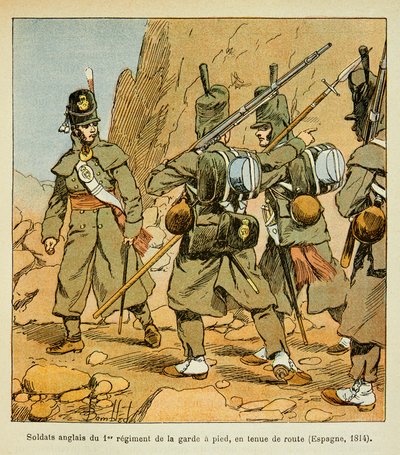 Ilustración de Louis Bombled (1862-1927) del libro "El Memorial de Santa Helena" por el Conde Emmanuel de Las Cases (1766-1842): Soldados ingleses del 1er Regimiento de la Guardia en una parada en el camino (España 1814), Colección privada de Louis Charles Bombled