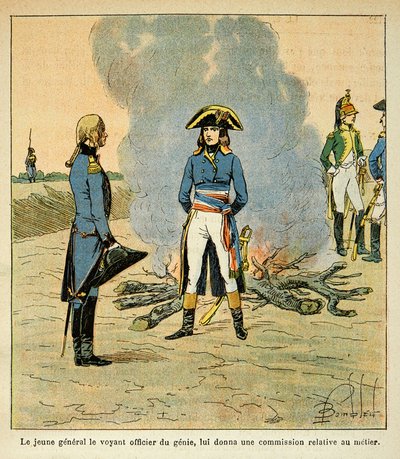Ilustración de Louis Bombled (1862-1927) del libro "El Memorial de Santa Helena" por el Conde Emmanuel de Las Cases (1766-1842): Primer encuentro entre Bonaparte y el mariscal Henri Gatien Bertrand (1773-1844) entonces oficial del genio en el ejército de I de Louis Charles Bombled