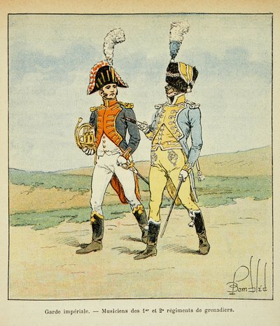 Ilustración de Bombled Louis (1862-1927) del libro “El Memorial de Santa Helena” de Conde Emmanuel de Las Cases (1766-1842): Guardia Imperial: Músicos del 1er y 2do regimiento de granaderos, Colección privada de Louis Charles Bombled