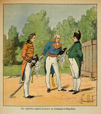 Ilustración de Louis Bombled del libro “El Memorial de Santa Helena” de Emmanuel de Las Cases: En Santa Helena, un capitán inglés presenta al emperador Napoleón a un teniente de Louis Charles Bombled