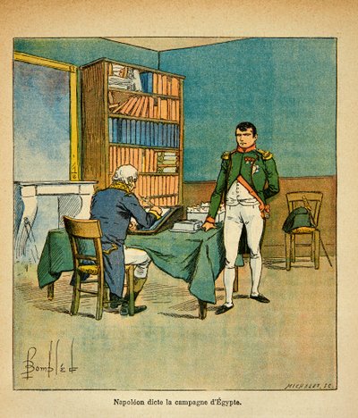 Ilustración de Louis Bombled del libro “El Memorial de Santa Helena” de Emmanuel de Las Cases: En el exilio, el emperador Napoleón dicta sus memorias al gran mariscal Henri Gatien Bertrand sobre la campaña egipcia de Louis Charles Bombled