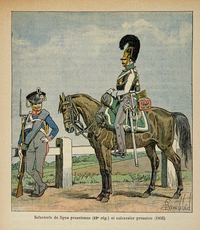 Ilustración de Bombled Louis (1862-1927) del libro “El Memorial de Santa Elena” de Conde Emmanuel de Las Cases (1766-1842): Infantería de la línea prusiana (42, eme regimiento) y acorazados prusianos de Louis Charles Bombled